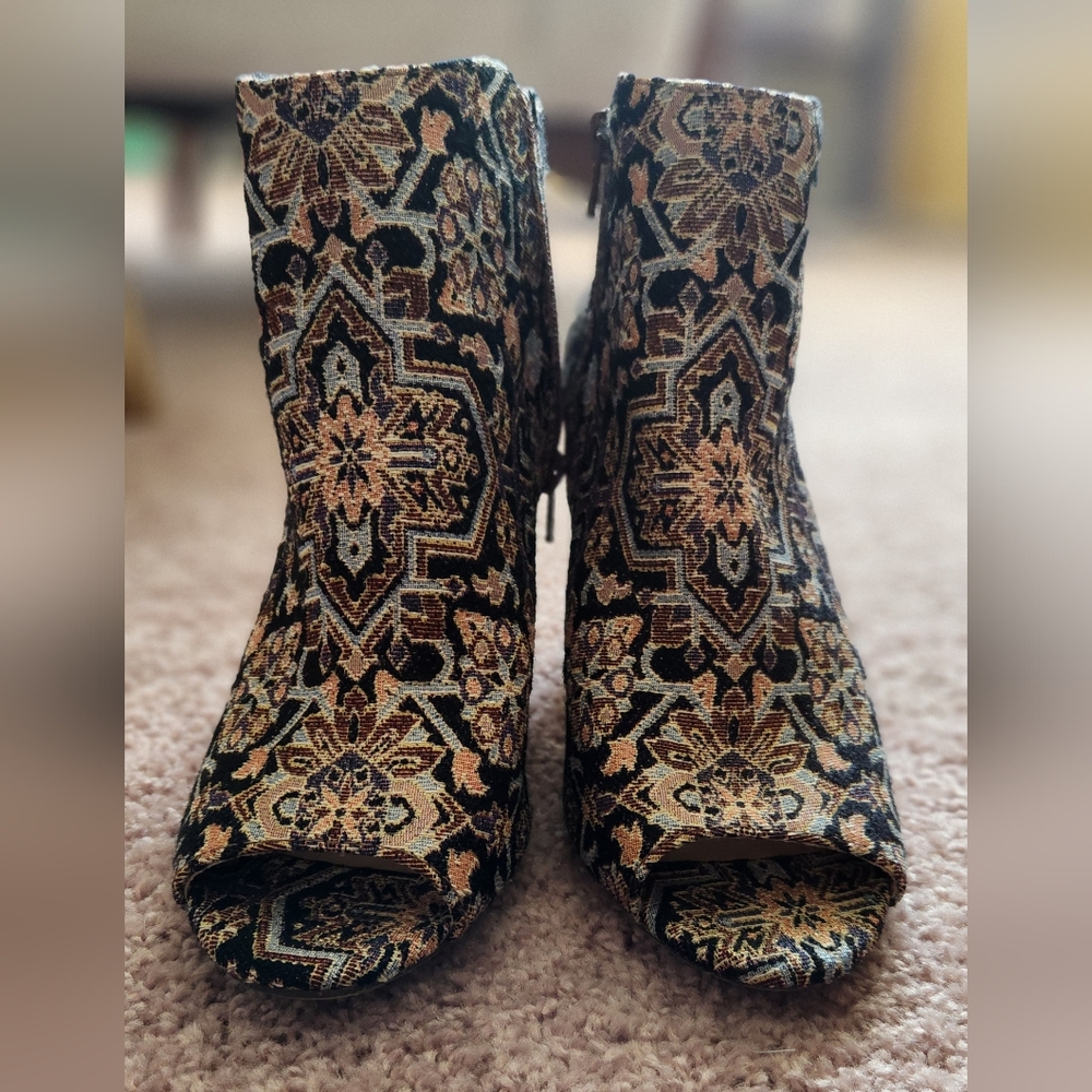 Candies Peep-Toe Tapestry Ankle Boots